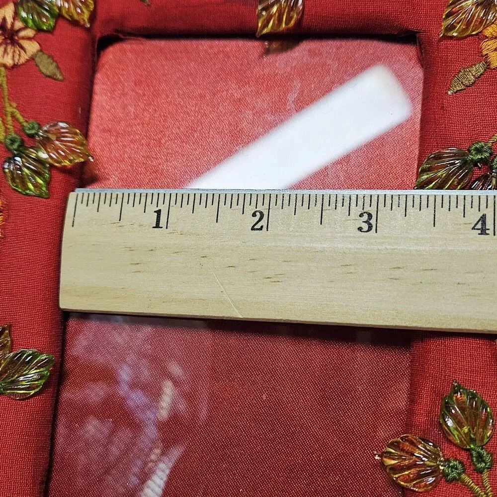 Vtg Photo Frame Gift Red Satin Fabric Embroidered beads Floral Beading 4 x 6 pic